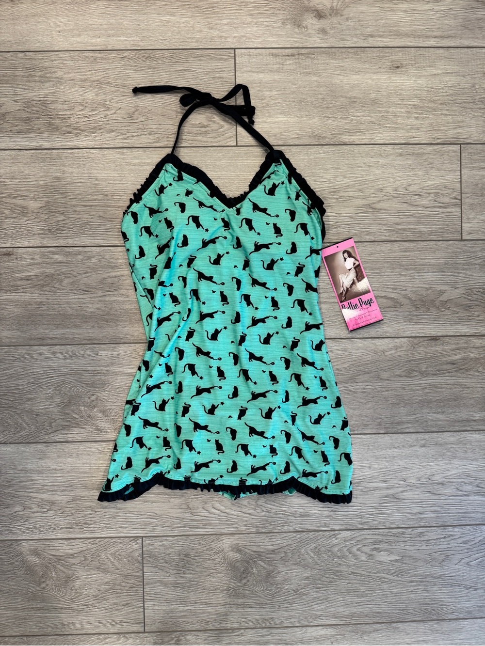 Mint Cat-Print Halter Chemise swimsuit - Mint/Black